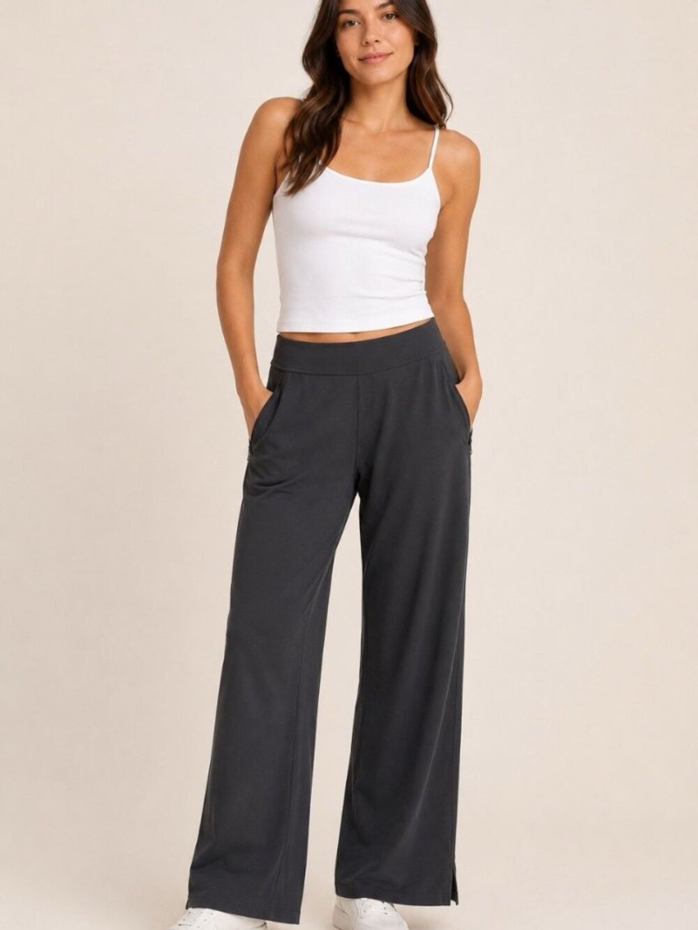Offline Aerie XL Wide Leg Pants Hugger Trouser Zip Pockets Gray Stretch Casual
